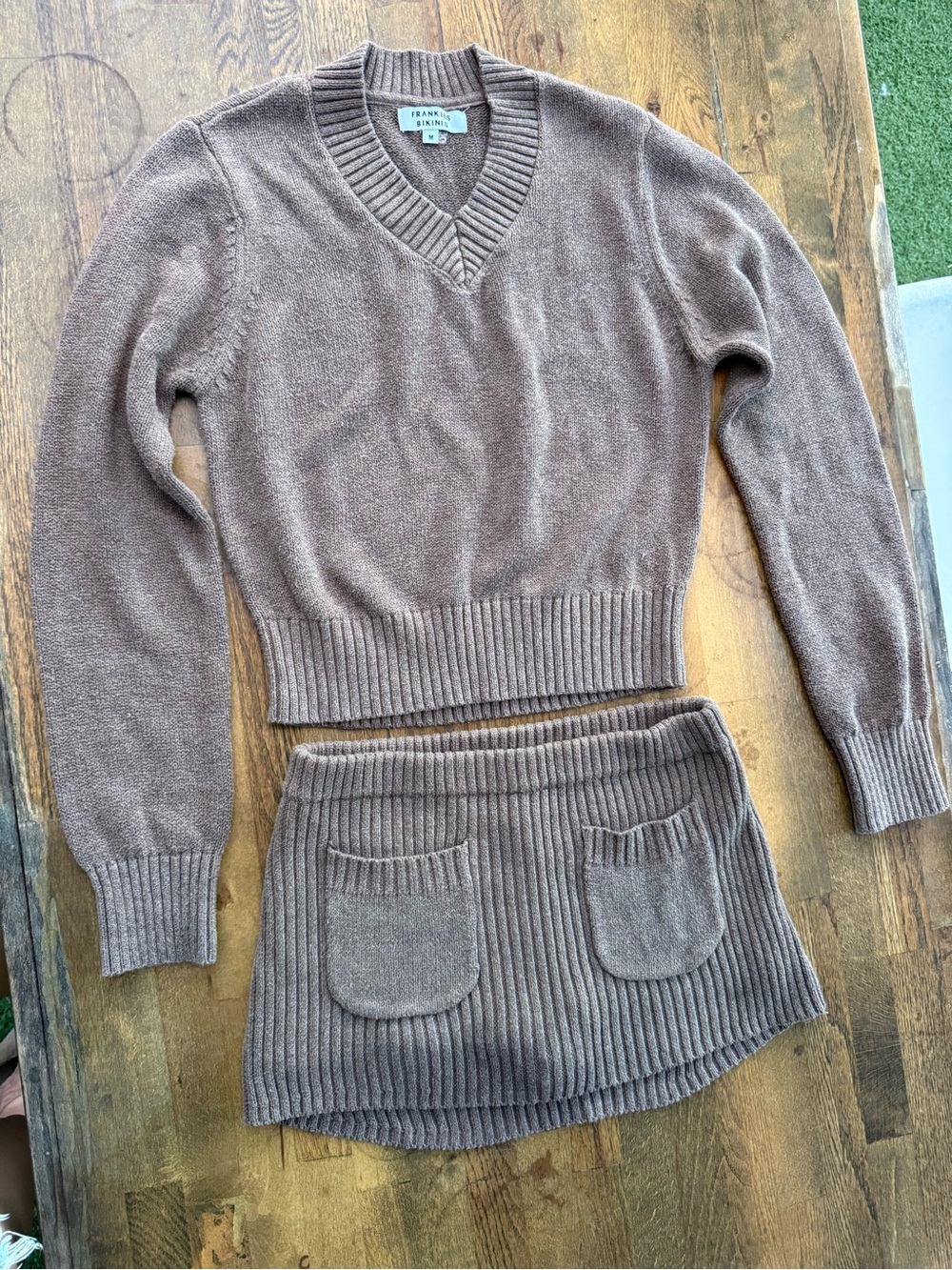 Frankie's Bikinis Taupe V-Neck Cropped Sweater and Rib Knit Skirt Set